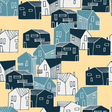 Sarı arka planda küçük evler olan kusursuz desenler.
