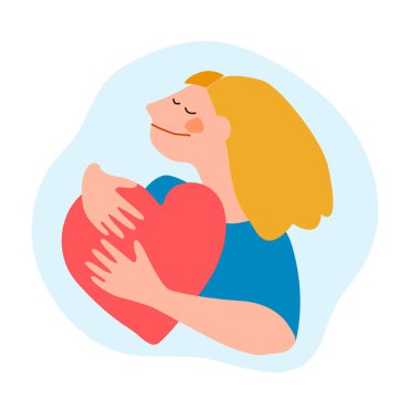 Karikatür tarzı resimde, genç bir kadının akıl ya da kalp sağlığını desteklemek için göğsüne sarıldığı görülüyor.