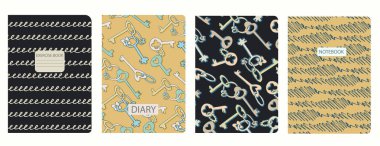 Geometrik şekilli, anahtarlı, el çizimi daireli, eşkenar dörtgen desenlere dayalı kapak sayfası şablonları. Başlıklar izole ve değiştirilebilir. Okul defterleri, not defterleri, günlükler için arkaplan