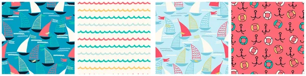 Seamless Patterns Set Hand Drawn Sailing Boats Waves Dark Background — Stock Vector