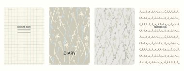 Kapak sayfası şablonları, elle çizilmiş çiçekler, şişkinlikler. Kusursuz kalıplara dayanarak. Başlıklar izole ve değiştirilebilir. Okul defterleri, not defterleri, günlükler vs. için mükemmel