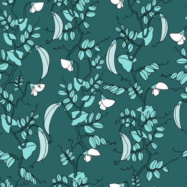 Kusursuz tekrarlama kalıbı. Kabuklu ve çiçekli bezelye bitkisi. Yüzey tasarımı ve diğer tasarım projeleri için turkuaz arka planda renkli vektör çizimi, çizgi sanatı