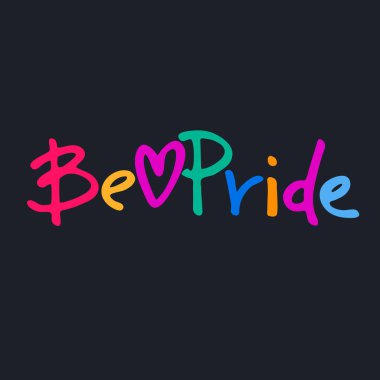 LGBTQIA toplumlarına destek vermek için Gurur sloganı olun. Onur Ayı kutlama logosu. Gökkuşağı renkli el yazısı koyu mavi arkaplan