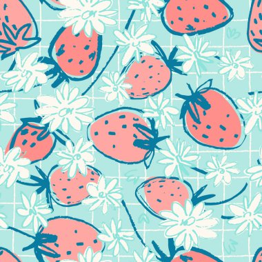 Yüzey tasarımı ve diğer tasarım projeleri için el yapımı çilekli kusursuz desen. Bahçe işleri, yaz, sağlıklı yemek temaları