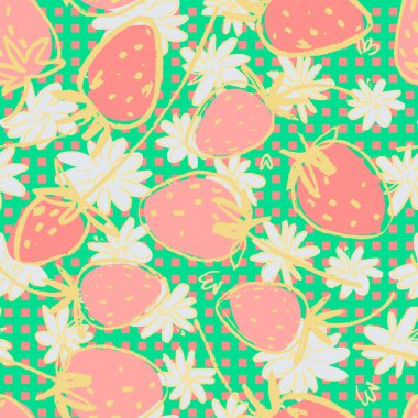 Yüzey tasarımı ve diğer tasarım projeleri için el yapımı çilekli kusursuz desen. Bahçe işleri, yaz, sağlıklı yemek temaları