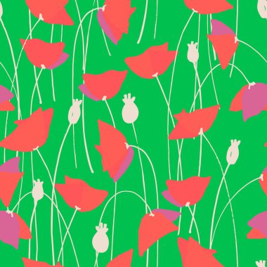 Zanaat, giysi, tasarım ve diğer tasarım projeleri için el yapımı haşhaş çiçekleri ile kusursuz desen. Satır sanatı