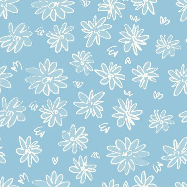 Ditzy tarzında, el çizimi çayır çiçekleri olan kusursuz desen. Yüzey tasarımı ve diğer tasarım projeleri için mavi arkaplanda özetlenmiş çizimler