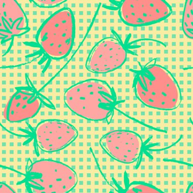 Yüzey tasarımı ve diğer tasarım projeleri için el yapımı çilekli kusursuz desen. Bahçe işleri, yaz, sağlıklı yemek temaları