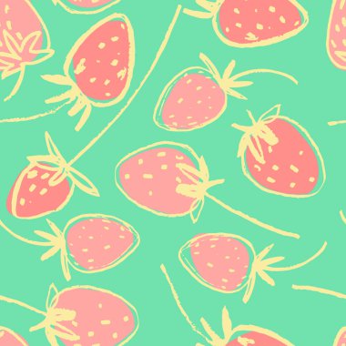 Yüzey tasarımı ve diğer tasarım projeleri için el yapımı çilekli kusursuz desen. Bahçe işleri, yaz, sağlıklı yemek temaları