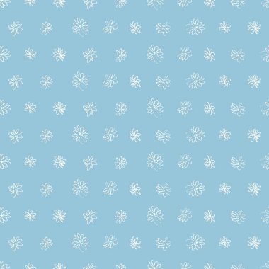 Ditzy tarzında, el çizimi çayır çiçekleri olan kusursuz desen. Yüzey tasarımı ve diğer tasarım projeleri için mavi arkaplanda özetlenmiş çizimler