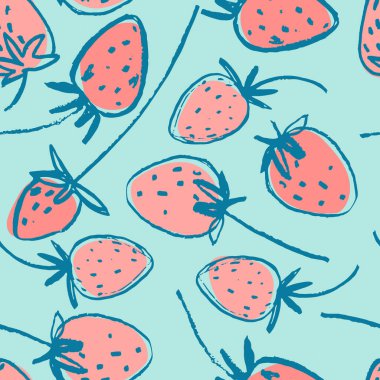 Yüzey tasarımı ve diğer tasarım projeleri için el yapımı çilekli kusursuz desen. Bahçe işleri, yaz, sağlıklı yemek temaları