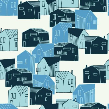 Lacivert renk paletinde şehir manzarası olan kusursuz bir desen. İkamet bölgesi. Yüzey tasarımı ve diğer tasarım projeleri için kentsel, banliyö veya kırsal alanlarda küçük evler