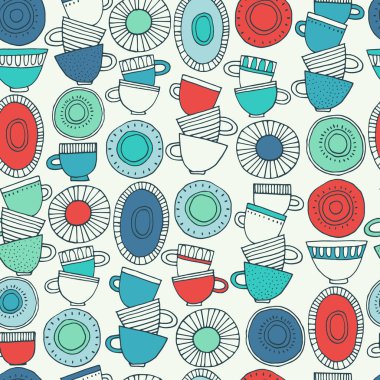 Kusursuz desen. İskandinav tarzı desenlerle süslenmiş el yapımı bardaklar, tabaklar ve tabaklar. Sıcak içecekler, çömlek, tatil konsepti. Paket kağıdı ve diğer tasarım projeleri için