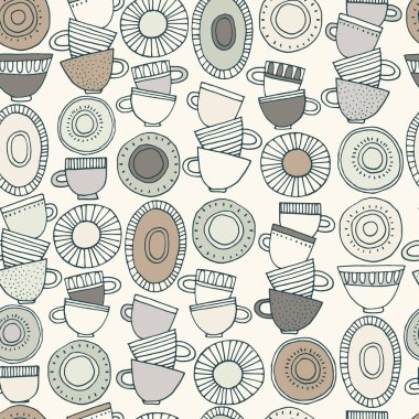 Kusursuz desen. İskandinav tarzı desenlerle süslenmiş el yapımı bardaklar, tabaklar ve tabaklar. Sıcak içecekler, çömlek, tatil konsepti. Paket kağıdı ve diğer tasarım projeleri için