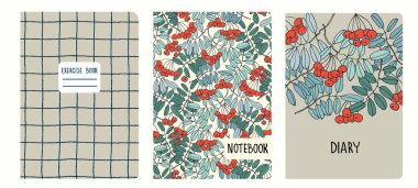 Kapak sayfası şablonları elle çizilmiş ahududu dallarına dayanıyor. Defterler, defterler, günlükler için arka planlar. Başlıklar izole ve değiştirilebilir