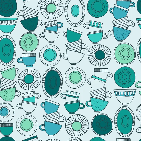 Kusursuz desen. İskandinav tarzı desenlerle süslenmiş el yapımı bardaklar, tabaklar ve tabaklar. Sıcak içecekler, çömlek, tatil konsepti. Paket kağıdı ve diğer tasarım projeleri için