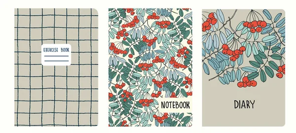 Kapak sayfası şablonları elle çizilmiş ahududu dallarına dayanıyor. Defterler, defterler, günlükler için arka planlar. Başlıklar izole ve değiştirilebilir