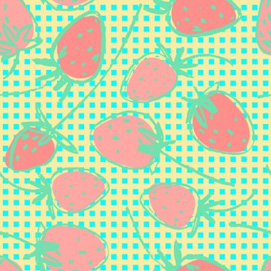 Yüzey tasarımı ve diğer tasarım projeleri için el yapımı çilekli kusursuz desen. Bahçe işleri, yaz, sağlıklı yemek temaları