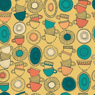 Kusursuz desen. İskandinav tarzı desenlerle süslenmiş el yapımı bardaklar, tabaklar ve tabaklar. Sıcak içecekler, çömlek, tatil konsepti. Paket kağıdı ve diğer tasarım projeleri için