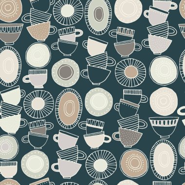 Kusursuz desen. İskandinav tarzı desenlerle süslenmiş el yapımı bardaklar, tabaklar ve tabaklar. Sıcak içecekler, çömlek, tatil konsepti. Paket kağıdı ve diğer tasarım projeleri için
