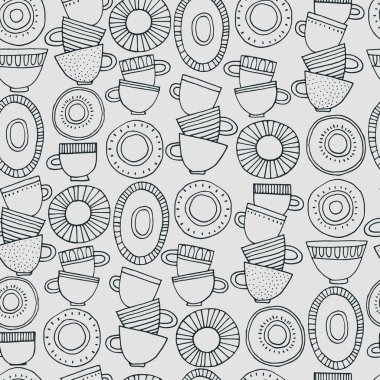 Kusursuz desen. İskandinav tarzı desenlerle süslenmiş el yapımı bardaklar, tabaklar ve tabaklar. Sıcak içecekler, çömlek, tatil konsepti. Paket kağıdı ve diğer tasarım projeleri için