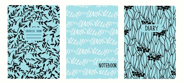 El yapımı dallar, yapraklar, böğürtlenler ve kılavuz çizgileri olan pürüzsüz desenlere dayalı kapak sayfası şablonları. Defterler, defterler, günlükler için arka planlar. Başlıklar izole ve değiştirilebilir