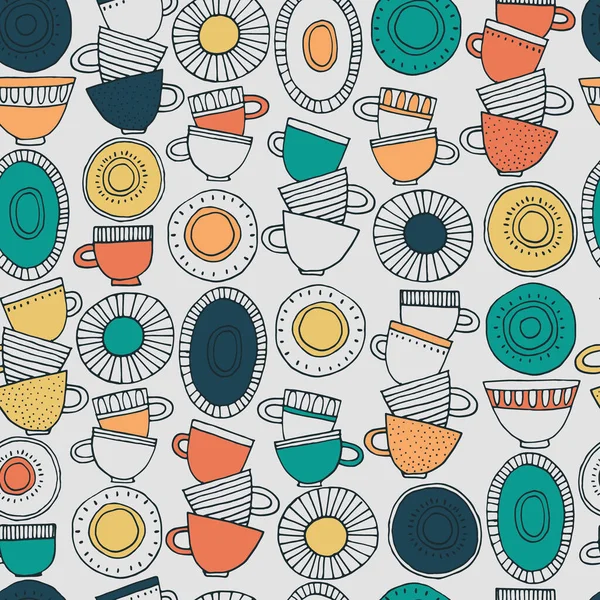 Kusursuz desen. İskandinav tarzı desenlerle süslenmiş el yapımı bardaklar, tabaklar ve tabaklar. Sıcak içecekler, çömlek, tatil konsepti. Paket kağıdı ve diğer tasarım projeleri için