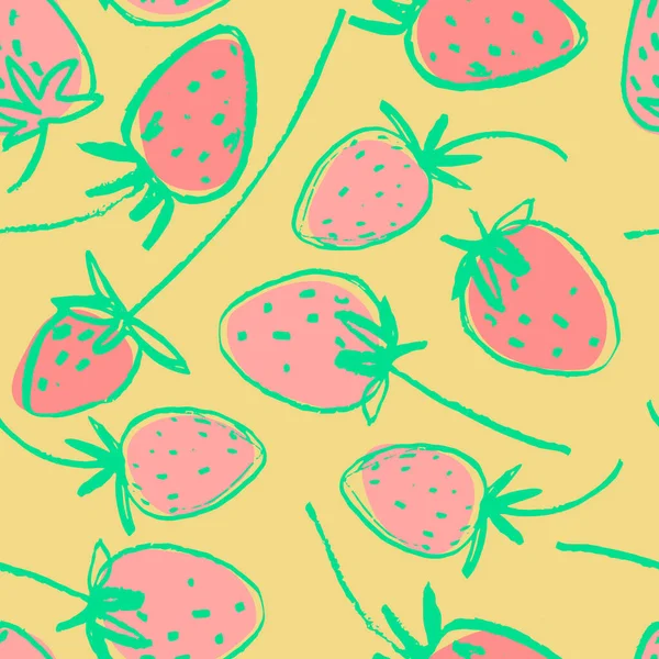 Yüzey tasarımı ve diğer tasarım projeleri için el yapımı çilekli kusursuz desen. Bahçe işleri, yaz, sağlıklı yemek temaları