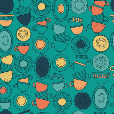 Kusursuz desen. İskandinav tarzı desenlerle süslenmiş el yapımı bardaklar, tabaklar ve tabaklar. Sıcak içecekler, çömlek, tatil konsepti. Paket kağıdı ve diğer tasarım projeleri için
