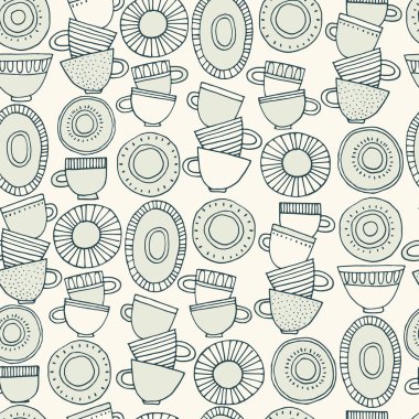 Kusursuz desen. İskandinav tarzı desenlerle süslenmiş el yapımı bardaklar, tabaklar ve tabaklar. Sıcak içecekler, çömlek, tatil konsepti. Paket kağıdı ve diğer tasarım projeleri için