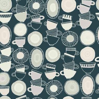 Kusursuz desen. İskandinav tarzı desenlerle süslenmiş el yapımı bardaklar, tabaklar ve tabaklar. Sıcak içecekler, çömlek, tatil konsepti. Paket kağıdı ve diğer tasarım projeleri için