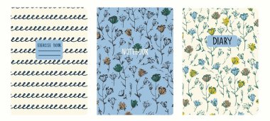 Pürüzsüz desenlere dayanan kapak sayfası şablonları dizisi. Elle çizilmiş çiçekler ve sarmal çizgiler. Defterler, defterler, günlükler için arka planlar. Başlıklar izole ve değiştirilebilir