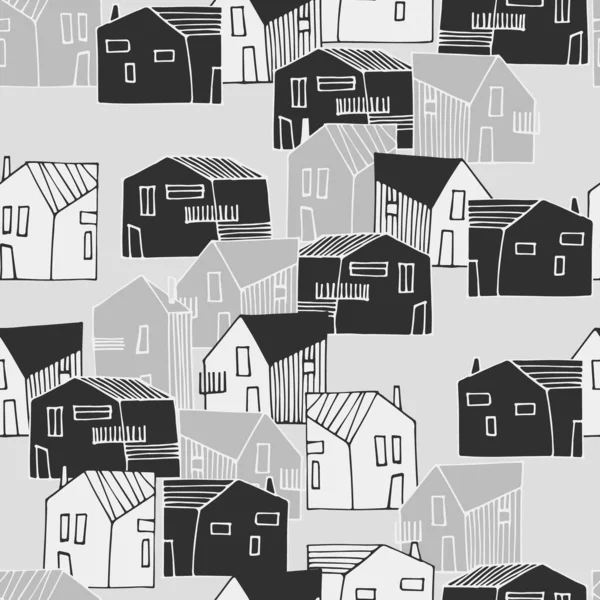 Yüzey tasarımı ve diğer tasarım projeleri için gri arka planda küçük, tek aile evleri olan kusursuz desenler.