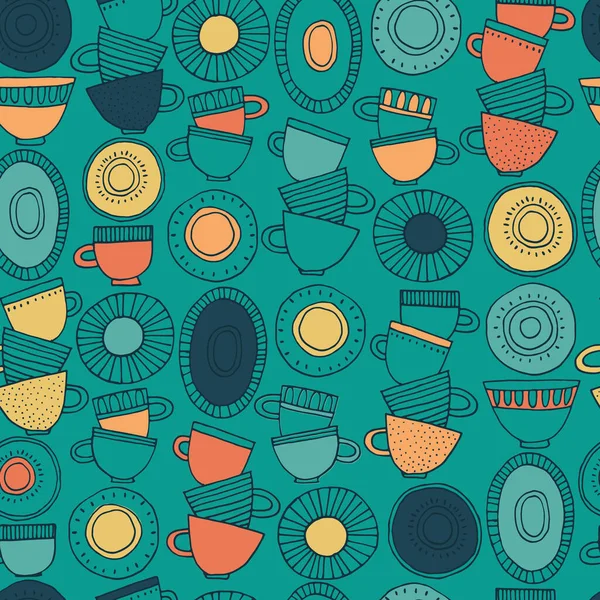 Kusursuz desen. İskandinav tarzı desenlerle süslenmiş el yapımı bardaklar, tabaklar ve tabaklar. Sıcak içecekler, çömlek, tatil konsepti. Paket kağıdı ve diğer tasarım projeleri için
