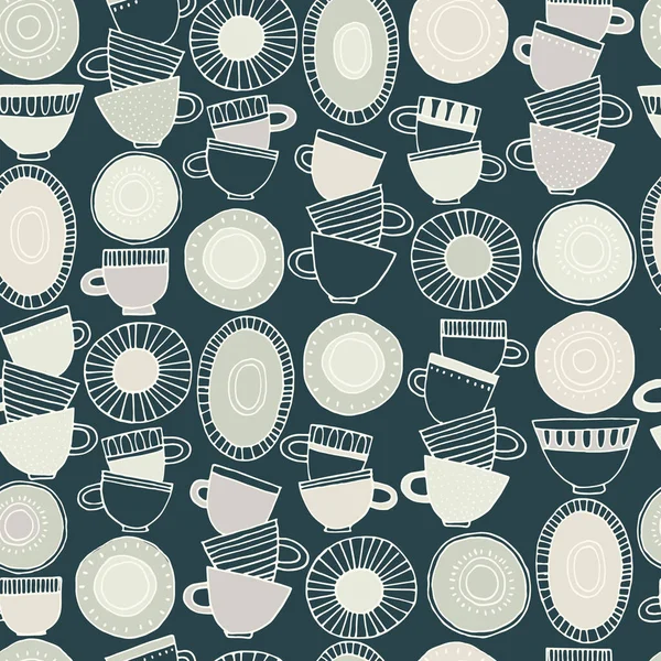 Kusursuz desen. İskandinav tarzı desenlerle süslenmiş el yapımı bardaklar, tabaklar ve tabaklar. Sıcak içecekler, çömlek, tatil konsepti. Paket kağıdı ve diğer tasarım projeleri için