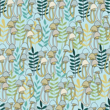 Çocuklar için yaz fantazi ormanı illüstrasyonları içeren kusursuz desenler. Çilekler, mantarlar, karikatür tarzında çiçekler.