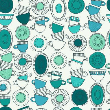 Kusursuz desen. İskandinav tarzı desenlerle süslenmiş el yapımı bardaklar, tabaklar ve tabaklar. Sıcak içecekler, çömlek, tatil konsepti. Paket kağıdı ve diğer tasarım projeleri için