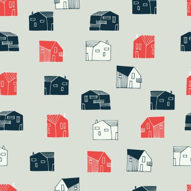 Yüzey tasarımı ve diğer tasarım projeleri için gri arka planda küçük, tek aile evleri olan kusursuz desenler.
