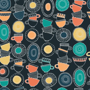 Kusursuz desen. İskandinav tarzı desenlerle süslenmiş el yapımı bardaklar, tabaklar ve tabaklar. Sıcak içecekler, çömlek, tatil konsepti. Paket kağıdı ve diğer tasarım projeleri için