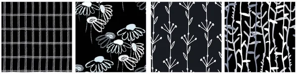 Seamless Patterns Set Hand Drawn Echinacea Flowers Black Background Surface — Stock Vector