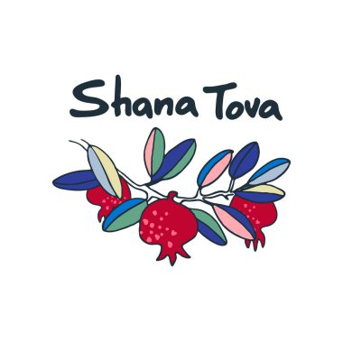 Rosh Hashana selamlama vektör geçmişi. İbranice Mutlu Yıllar Diliyoruz. Elle çizilmiş nar dalıyla süslenmiş el yazması bir metin. Beyazın üzerinde izole.