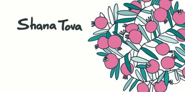 Rosh Hashana selamlama vektör geçmişi. İbranice Mutlu Yıllar Diliyoruz. Elle çizilmiş nar dalıyla süslenmiş el yazması bir metin. Beyazın üzerinde izole.