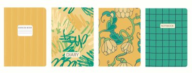 Izgarasız desenlere, spiral çizgilere, retro çiçek desenlerine dayalı kapak sayfası şablonları. Okul defterleri, günlükler için ekose arka planlar. Başlıklar izole ve değiştirilebilir