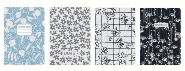 El çizimi çiçekler, dallar ve yapraklarla kapak sayfası şablonları. Kusursuz kalıplara dayanarak. Defterler, defterler, günlükler için arka planlar. Başlıklar izole ve değiştirilebilir