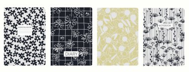 El çizimi çiçekler, dallar ve yapraklarla kapak sayfası şablonları. Kusursuz kalıplara dayanarak. Defterler, defterler, günlükler için arka planlar. Başlıklar izole ve değiştirilebilir