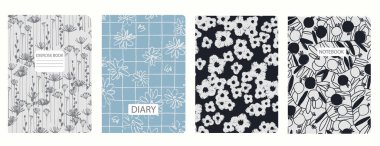 El çizimi çiçekler, dallar ve yapraklarla kapak sayfası şablonları. Kusursuz kalıplara dayanarak. Defterler, defterler, günlükler için arka planlar. Başlıklar izole ve değiştirilebilir