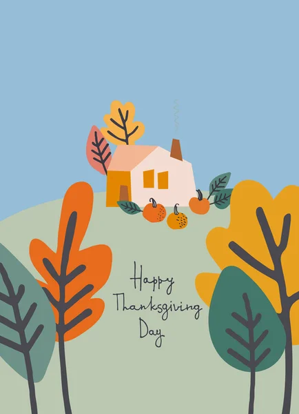 Happy Thanksgiving Day cozy holiday design. Hand-lettered greeting phrase with country house, pumpkins, autumn leaves on white background. Greeting card template, logo