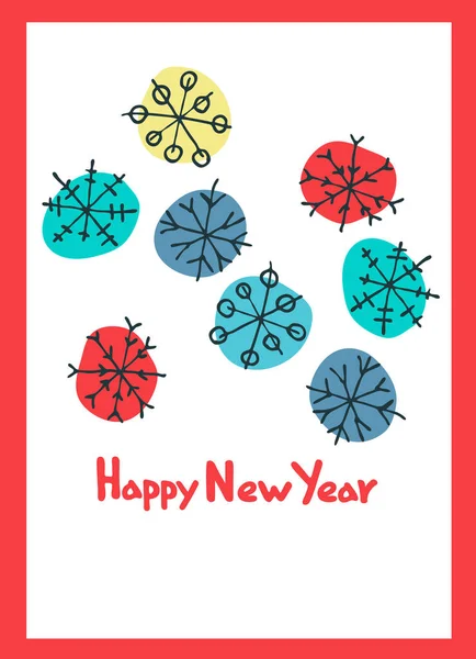 Bonne Année Carte Voeux Lettrage Main Coloré Flocons Neige Type — Image vectorielle