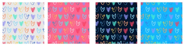 Seamless Patterns Set Rows Hand Drawn Multicolored Heart Shapes Blue — Stock Vector