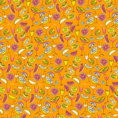 Yüzey tasarımı, posterler, çizimler için el yapımı narenciye ve bir bardak kokteyl ve meyve püresi ile kusursuz desen. Sağlıklı vejetaryen yemekleri, tropik meyve teması